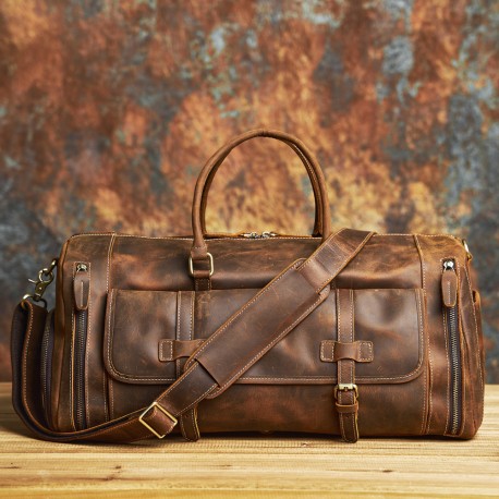 Cowhide leather men vintage travel bag with shoelace