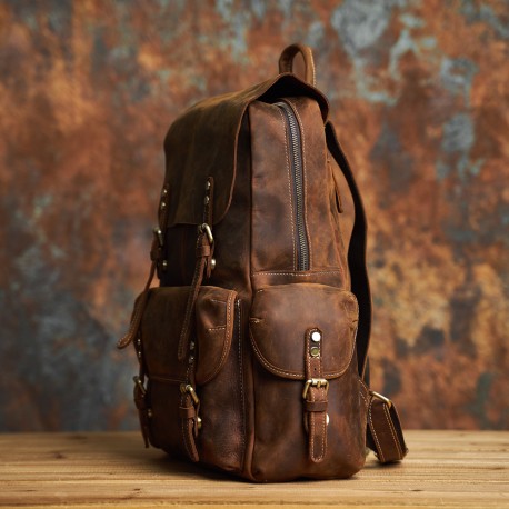 Genuine cow leather men vintage backpack, schoolbag