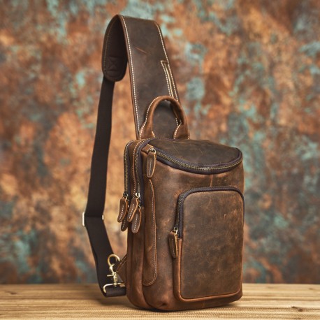 Genuine leather casual retro men chest bag, crossbody bag