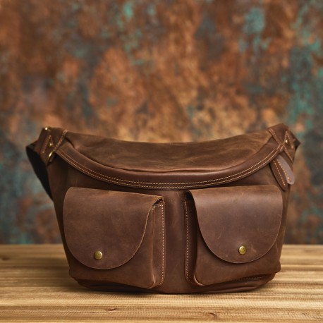 Genuine leather men vintage chest bag, crossbody backpack