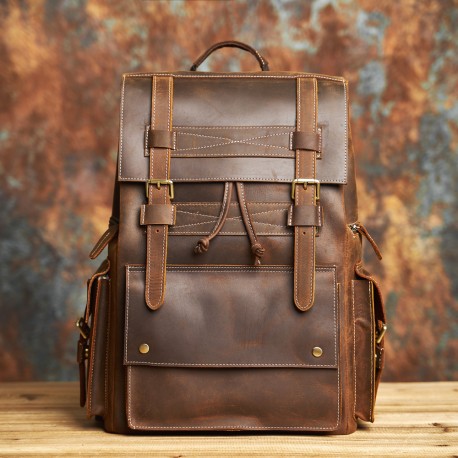 Retro genuine leather men backpack, outdoor travel bag