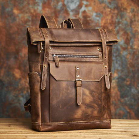 Genuine leather men's retro backpack, large travel bag