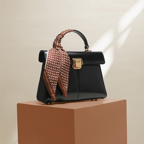 Genuine leather handbag, crossbody bag with scarf decor