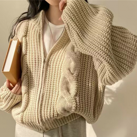 Zipper-Up Rib Loose Cardigan