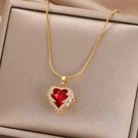 Heart Shape Stainless Steel Chain With Colorful Zircon Pendant