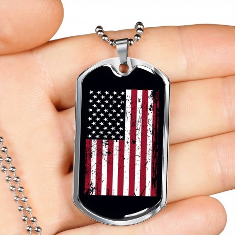 USA Flag - Silver Stainless Dog Tag Pendant With Ball Chain