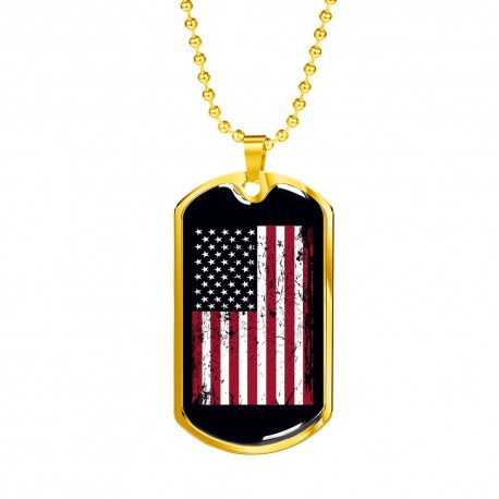 USA Flag - Gold Dog Tag Pendant With Ball Chain