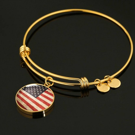 Distressed American Flag Engraved Gold Circle Pendant Bangle