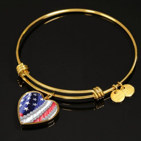 Engraved Gold American Flag Heart Pendant Bangle