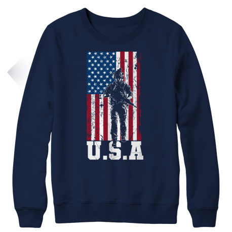 U.S.A. Flag Soldier Silhouette Mens Fleece Crewneck Sweatshirt