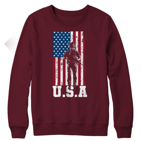 Soldier Silhouette in USA Flag Ladies Fleece Crewneck Sweatshirt