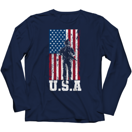 American Flag Soldier Silhouette Ladies Long Sleeve Shirt