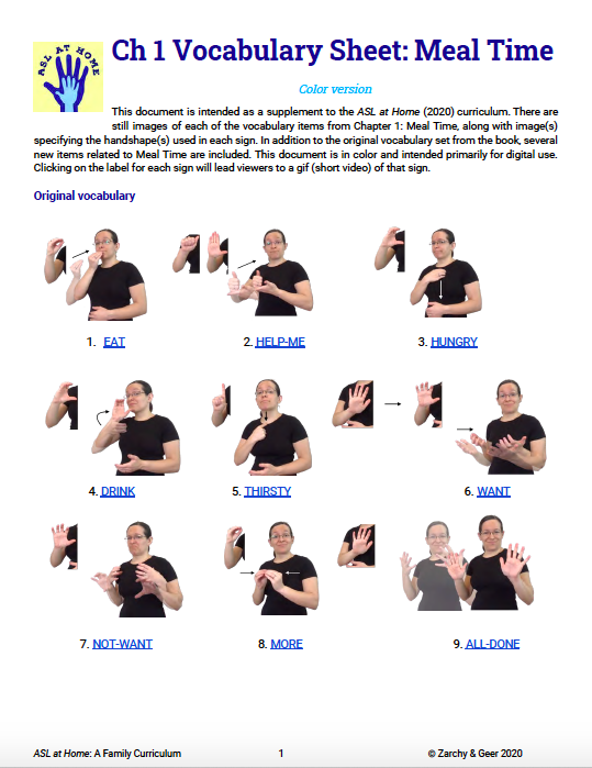 ASL at Home Ch 1 Vocabulary Sheet: Meal Time (Color w/ GIFs)