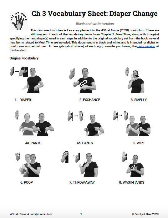 ASL at Home Ch 3 Vocabulary Sheet Diaper Change (B&W)