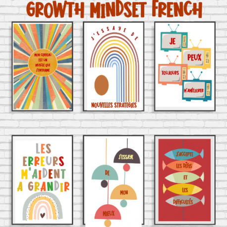 French GROWTH MINDSET classroom posters, set of 6 Kids Bedroom Decor, Classroom posters, Children playroom, school printable