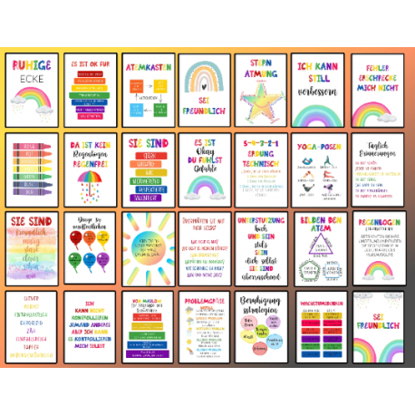 Set Of 30 German Calming Corner Ruhige Ecke Rainbow Prints Diversity Deco School Kid Wall Art Inclusive Poster Mindfulness Germa