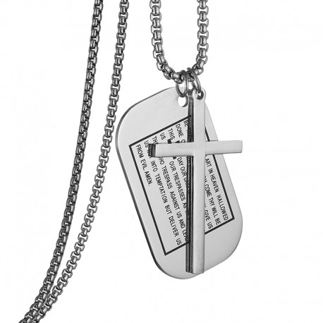 The Lords Prayer Engraved Dog Tag with a Cross Pendant and Chain