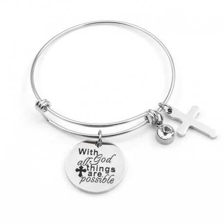 Engraved Charm Bange Bracelet With God All Things Are Possible Scripture Jewelry