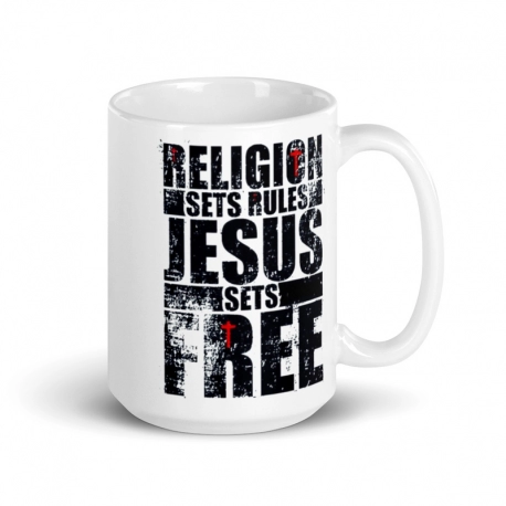 Jesus Sets Free White glossy mug