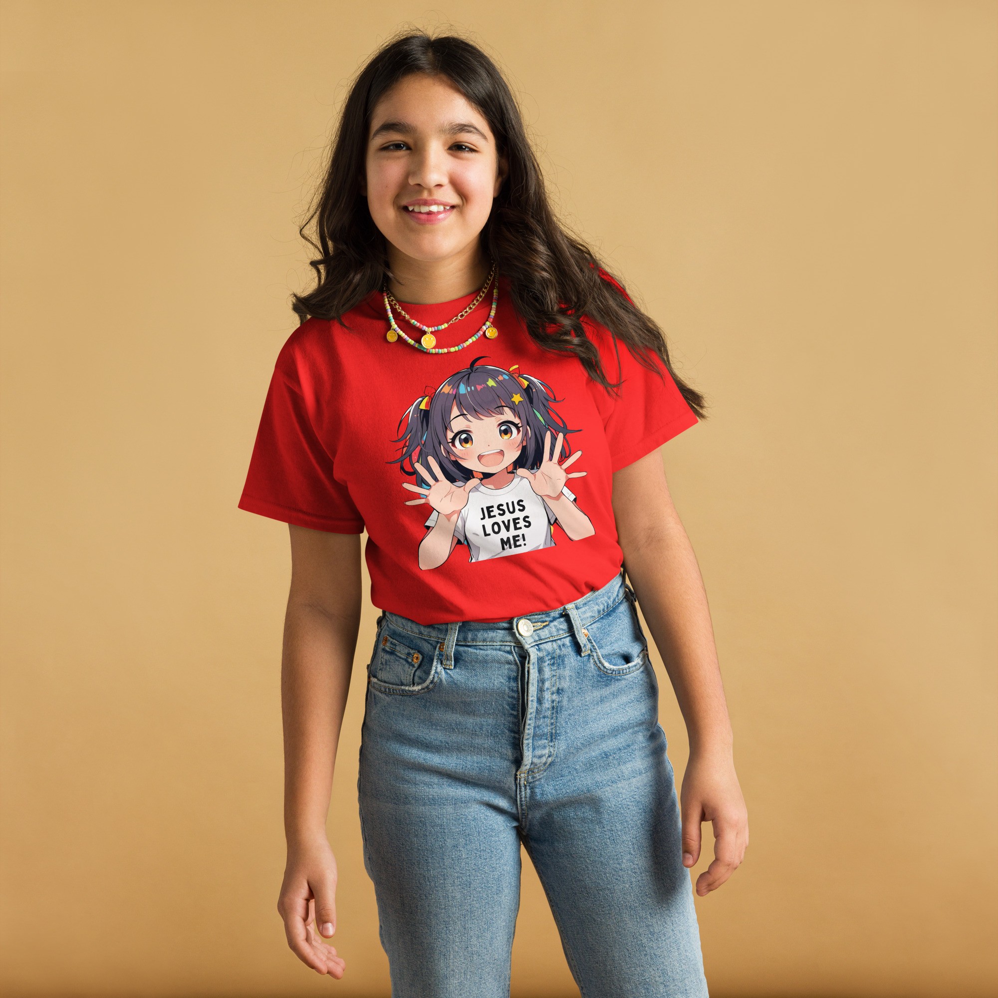 Jesus Loves Me Girls Anime Youth Classic T-Shirt: Durable, comfortable, and stylish tee featuring a unique anime-inspired design. Perfect for young faith enthusiasts!