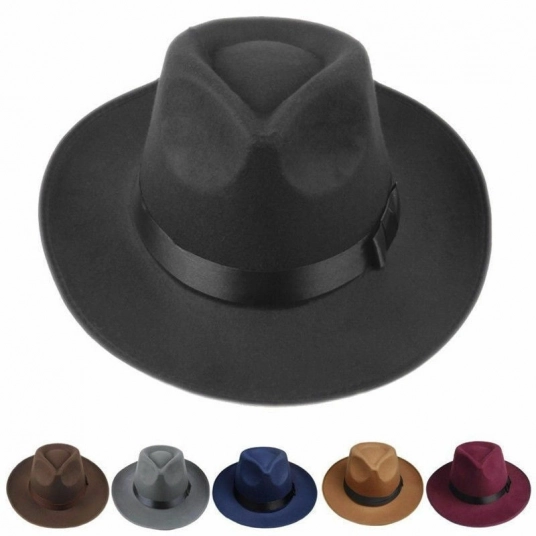 (Vintage Men Fedora hats) Derby bowler wool brim Belt Felt Hat Wide Brim Fedora Trilby Panama Hat Gangster Cap Hat