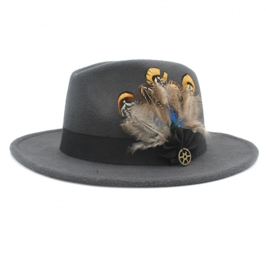 100% Wool Wide Brim Felt Trilby Fedora Cashmere Gangster Church Hat With Feather Band