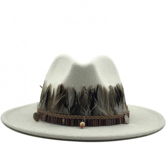 (Wool Fedora Hat With feather) Wide Brim Jazz Church Hats