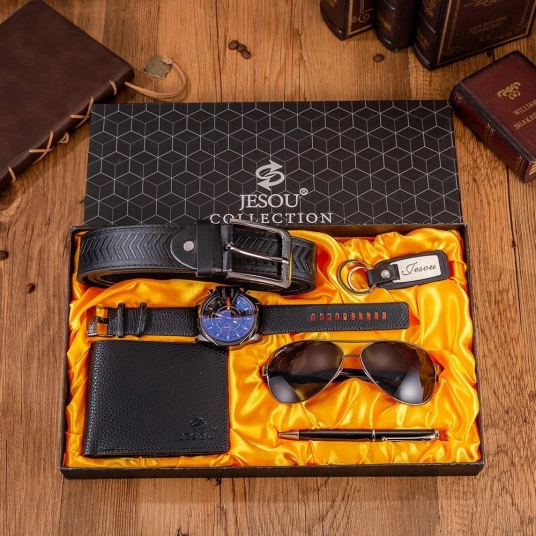 Fashion 6pcs/set Men's Gift Set Large Dial Quartz Watch Glasses Leather Belt Wallet Keychain Pen Boutique Gift Set Box for Men