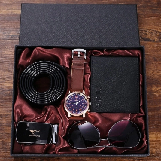 2021 4pcsset Mens Gift Set New Fashion Business Watch Men Glasses Leather Belt Wallet Set Gift Box for Men Gifts Drop Shipping