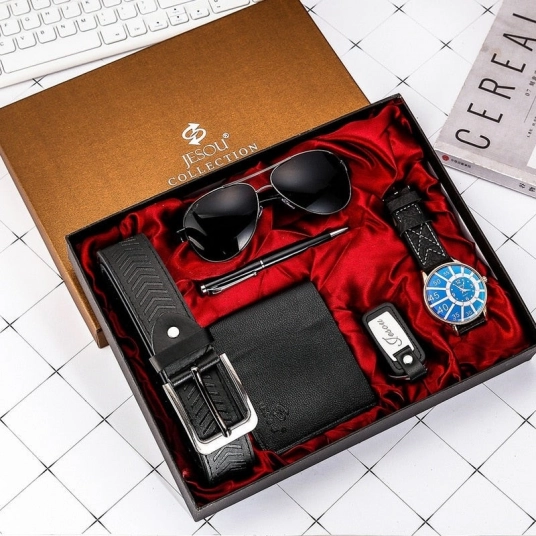 Elegant Men Watch Set for Men Quartzwatch Glasses Leather Belt Wallet Keychain Pen Men's Gift Set Business Birthday Gifts Box