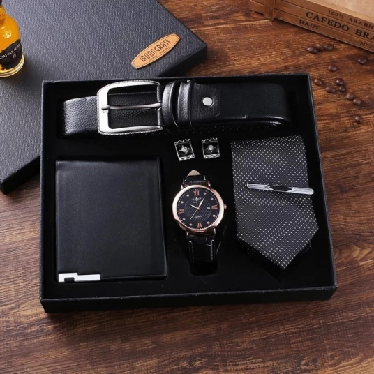 Fashion Men Watch Gifts Set Top Quality Belt Business Quartz Wrist Watch Folding Wallet Tie Cufflinks Tie Clips For Men Gift