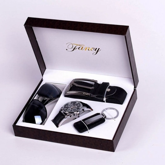 Fashion Watch Men Luxury Gift Set Sunglasses Keychain Quality Belt Multiple Time Zone Wristwatch For Father Relogio Masculino