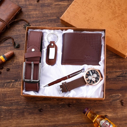 Leather 5pes/Set Men's Gift Set Beautifully Packaged Watch Belt Wallet Keychain Pen Casual Combination Boy Friend Watches Gift