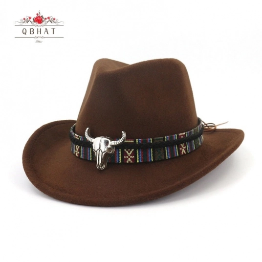 (Cowboy Fashion Hat) Roll Brim Wool Felt Fedora Western Hats Metal Bullhead Decorated Trilby