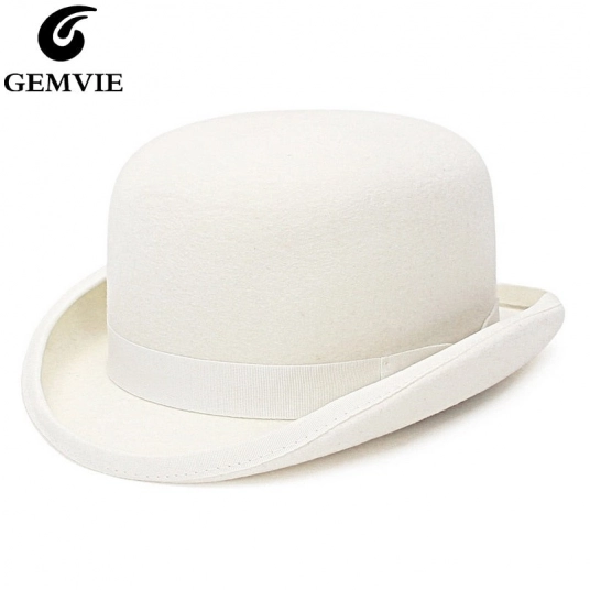 (Wool Felt White Bowler Hat) Satin Lined Formal Fedora Hats