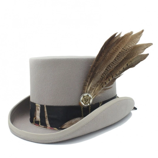 (Men's Fedora Top Hats) Men's Handmade Leather Wool Fedoras Hat  Top Hat