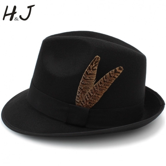 (Men Wool Vintage Fedora Hats) Gangster Trilby Felt Fedora Hat With Fashion Feather Jazz Cap Hats