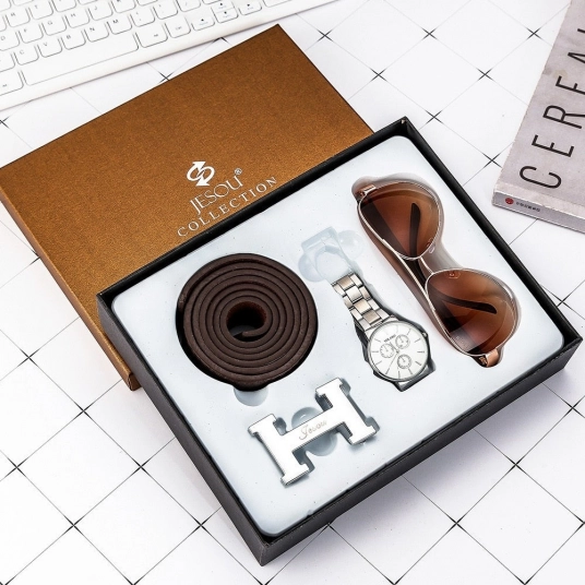 Business Casual 3pcs/set Men's Gift Set Exquisite Watch Leather Belt Glasses Suit Gift Set for Men Boyfriend Dad Drop Shipping