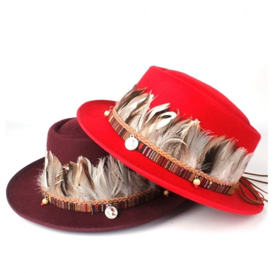 (Feathered Women Pork Pie Hat) Elegant Lady Wool Homburg Jazz Hat Flat Trilby Hat Queen Fedora Jazz Hat Size 58CM