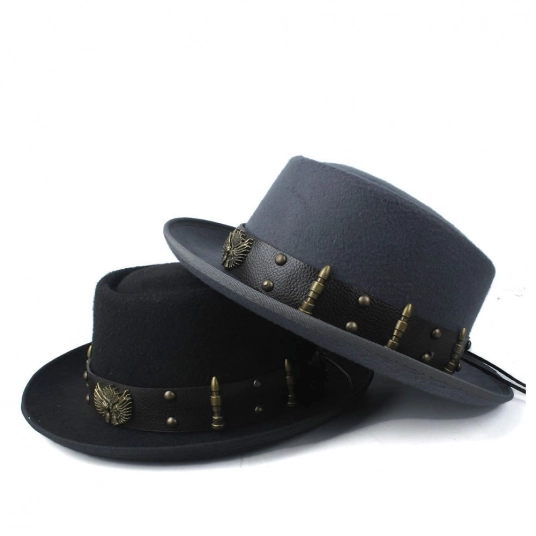 (Pork Pie Hat) Wool Fedora Trilby Church Hat with fashion belt Size 58CM