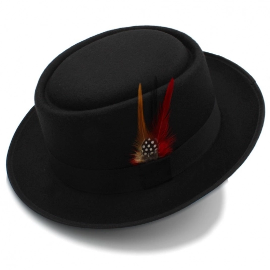 (Pork Pie Hat) Wool Flat Fedora Hat Gentleman Gambler Trilby Hat With Fashion Feather Size 58CM
