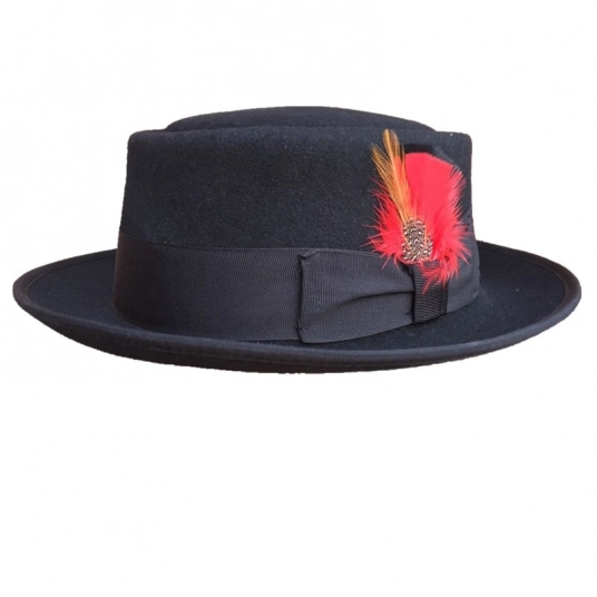 (Classic Wool Felt Black Pork Pie Hat) Porkpie Jazz Fedora Hat Round Top Trilby Stingy Brim feather Cap