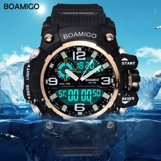 BOAMIGO Brand Men Sports Watches LED Digital Analog Wrist Watch Swim Waterproof Yellow Rubber Gift Clock Relogios Masculino