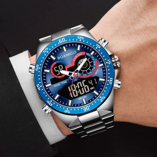 BOAMIGO 2020 New Fashion Mens Watches Stainless Steel Top Brand Luxury Sports mens digital analog blue Quartz Watch for Men man