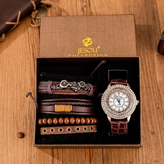 5pcsset Mens Watch Gift Set Bracelet Set Fashion Brown Leather Strap Luxury Quartz Watch Gift Box for Men Gifts Drop Shipping