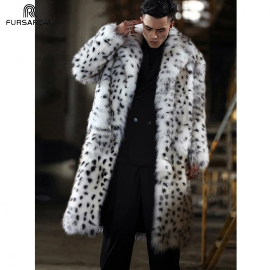 FURSARCAR Whole Skin Real White Fox Fur Coats Burning Man Coat Luxury Leopard Cat Thick Warm Jacket Turndown Collar Overcoats