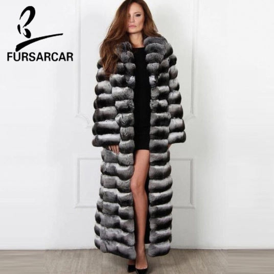 FURSARCAR Fashion Women/men Natural Rex Rabbit Real Fur Coat 130cm XLong Luxury Winter Fur Coat Rex Rabbit Fur Collar Jacket