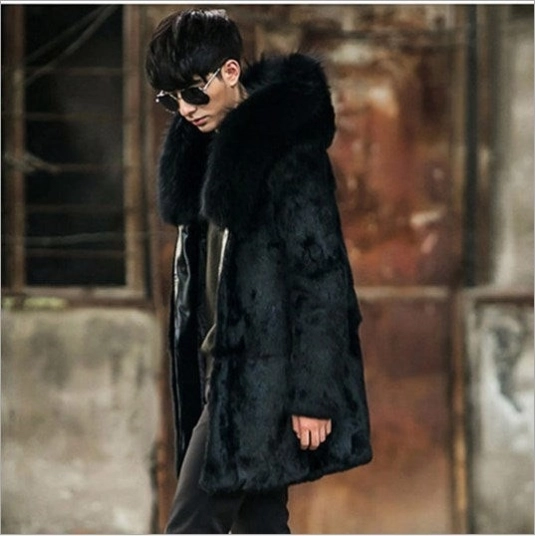 Luxury Vintage Thick Warm Faux Fox Fur Coat 2020 Winter Overcoat Men High Quality Plus Size Hooded Black Faux Fur Coat FW137