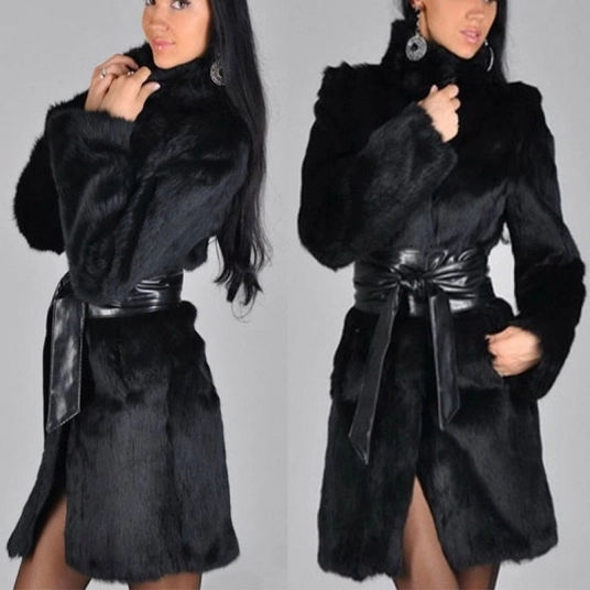 RoRoDox Autumn Winter Faux Fur Coat Women Long Sleeve Black Fluffy Fur Jacket Women Long Loose Soft Luxury Furry Coats with Bel
