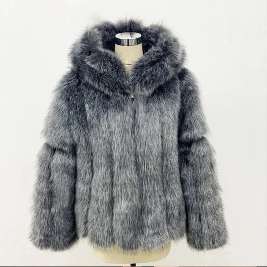 2021 Winter New Luxury Faux Silver Fox Fur Coat Women Hooded Zipper Fluffy Warm Fake Fur Jacket LJLS205